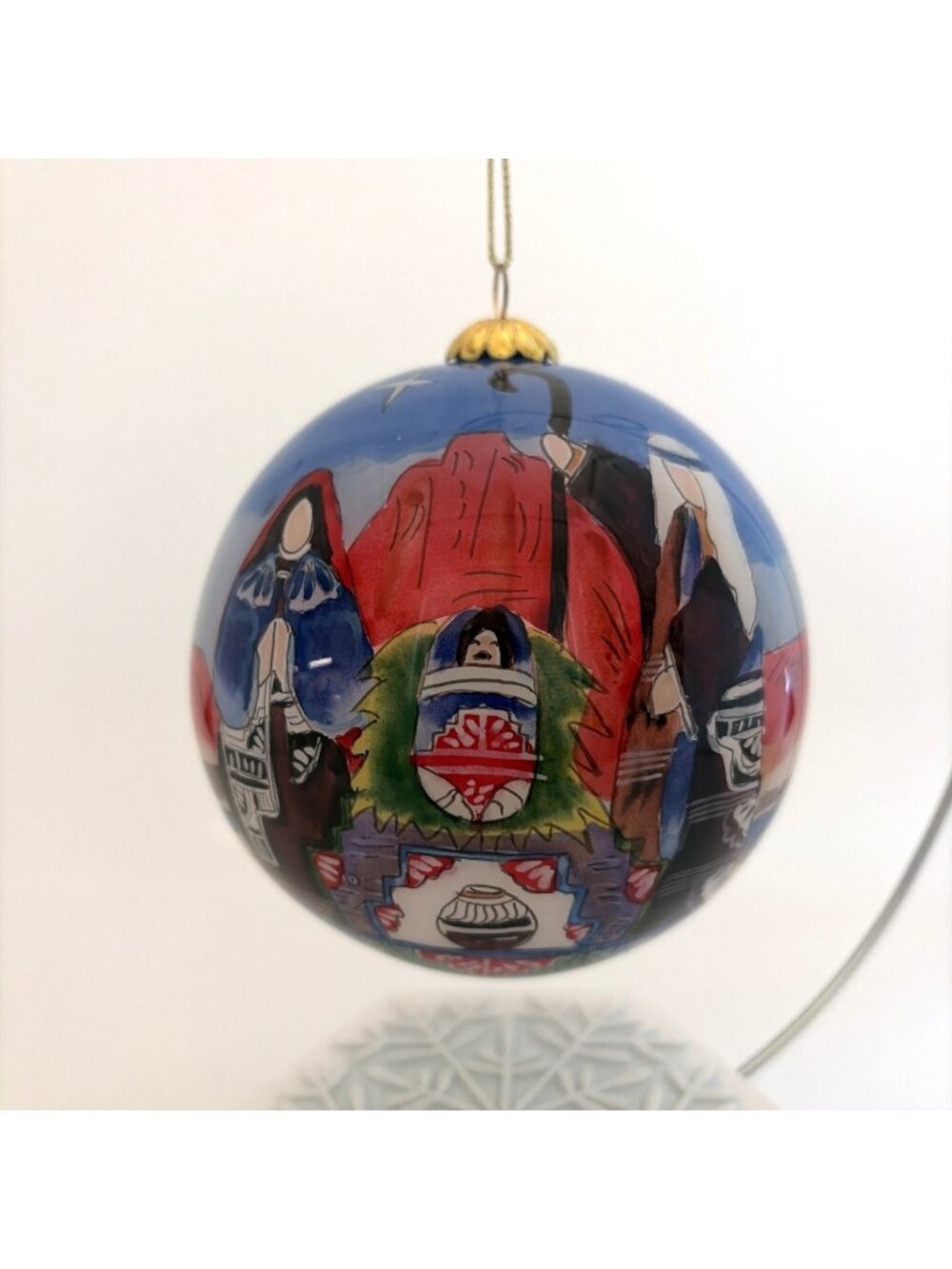 Lawrence Vargas Southwest Nativity Reverse Painted Glass Christmas Ornament Vtg